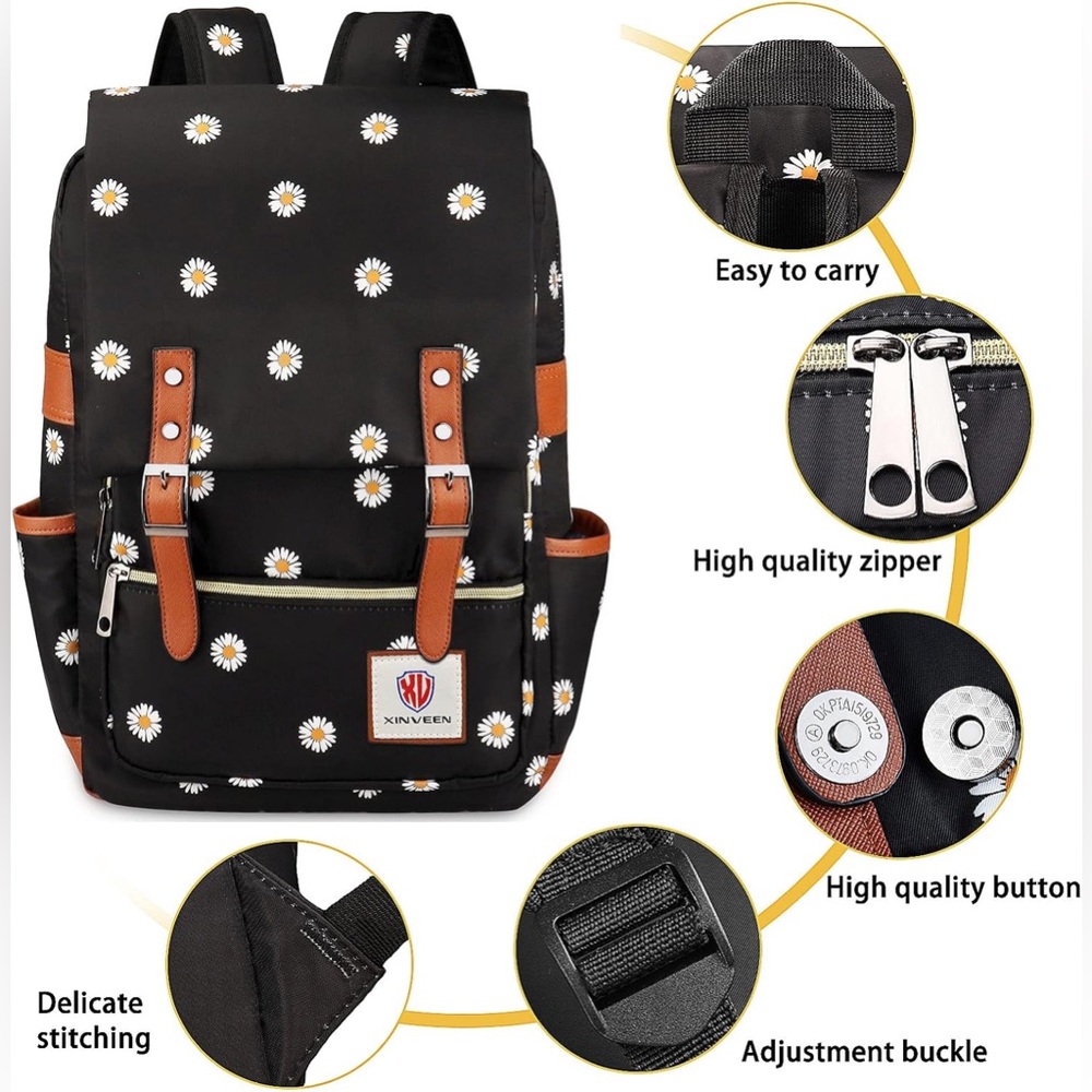 Xinveen Black with Daisies Slim Vintage Laptop Backpack - New - Picture 6 of 10